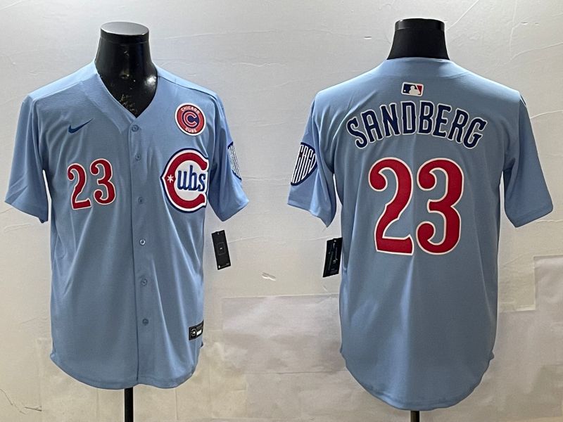 Men Chicago Cubs #23 Sandberg Light Blue Throwback Fashion 2025 Nike MLB Jersey style 2